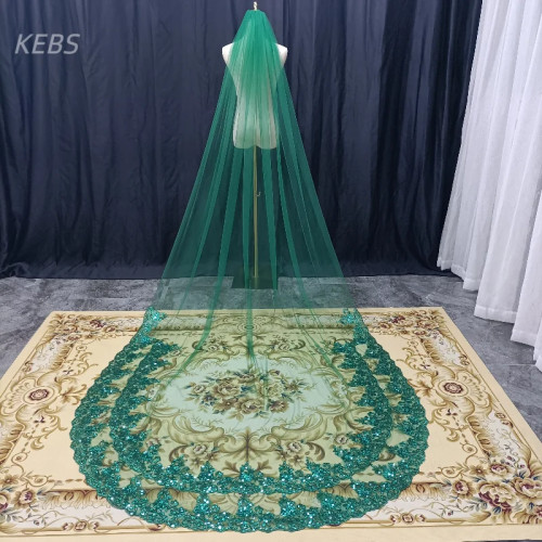 Маленькая церковная Однослойная зеленая кружевная вуаль для невесты Свадебные аксессуары пайетки бутон + гребень