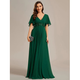 Elegant Evening Dresses V Neck Appliques Pleated Floor length 2025 Ever Pretty of Chiffon Dark Green Bridesmaid dress