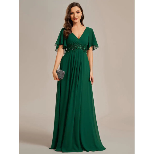 Elegant Evening Dresses V Neck Appliques Pleated Floor length 2025 Ever Pretty of Chiffon Dark Green Bridesmaid dress