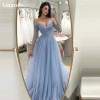Amanda Baby Blue Вечернее платье трапециевидной формы с длинными рукавами, платье для выпускного вечера, сексуальное вечернее платье с v-образным вырезом по индивидуальному заказу, элегантное тюлевое платье для выпускного вечера 2024