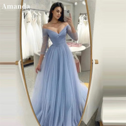 Amanda Baby Blue Вечернее платье трапециевидной формы с длинными рукавами, платье для выпускного вечера, сексуальное вечернее платье с v-образным вырезом по индивидуальному заказу, элегантное тюлевое платье для выпускного вечера 2024