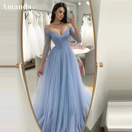 Amanda Baby Blue Вечернее платье трапециевидной формы с длинными рукавами, платье для выпускного вечера, сексуальное вечернее платье с v-образным вырезом по индивидуальному заказу, элегантное тюлевое платье для выпускного вечера 2024
