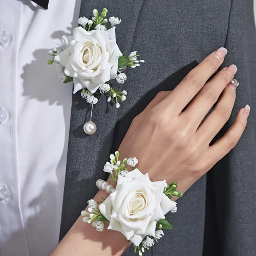 [2 шт. Элегантный комплект корсажа с розами] Элегантный комплект из 2 розы и цветов на запястье из полиэфирного волокна для школьных мероприятий, вечеринок