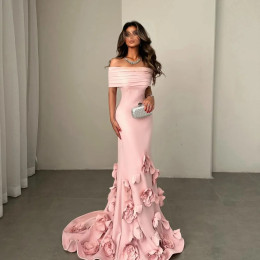 Вечернее платье из крепа для сексуальных женщин 정장원피스 Vestidos de festa Элегантное коктейльное платье для выпускного вечера с открытыми плечами и 3D аппликацией длиной до пола