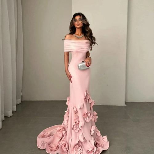 Вечернее платье из крепа для сексуальных женщин 정장원피스 Vestidos de festa Элегантное коктейльное платье для выпускного вечера с открытыми плечами и 3D аппликацией длиной до пола