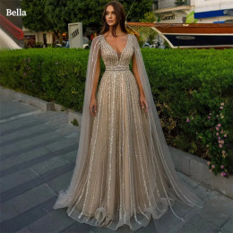 Вечерние платья с блестками цвета шампанского Bella, свадебное платье трапециевидной формы с v-образным вырезом, элегантное длинное платье длиной до пола, по индивидуальному заказу, Vestidos De Fiesta
