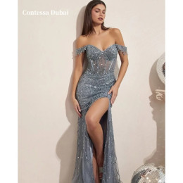 Платье для выпускного вечера Contessa Dubai с блестками и открытыми плечами, с высоким разрезом, вечернее платье русалки по индивидуальному заказу فساتين заслуживае проведения со шлейфом