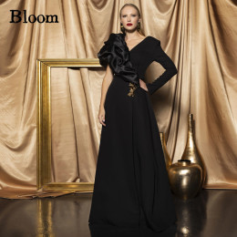Классическое черное вечернее платье Bloom на заказ для выпускного вечера с длинными рукавами и кристаллами трапециевидной формы с оборками и v-образным вырезом, элегантное вечернее платье, вечернее платье