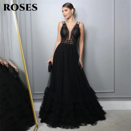 ROSES A Line Tank Черные вечерние платья с сеткой и бисером, V-образным вырезом, платье для выпускного вечера с вышивкой, многоуровневое вечернее платье, платья de noche, по индивидуальному заказу