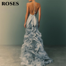 Светло-голубое вечернее платье ROSES Элегантные платья для выпускного вечера русалки с бретелькой на шее и рюшами Вечерние платья со шлейфом по индивидуальному заказу
