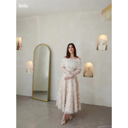 Bella Champagn Тюлевые вечерние платья с открытыми плечами А-силуэта Vestidos De Fiesta Элегантные длинные рукава длиной до щиколотки فساتين سهرة