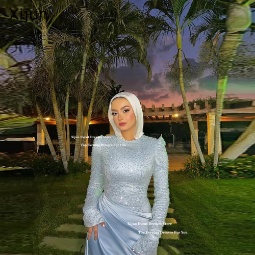 Xijun Modest Glitter Mermaid Evening Dresses Full Sleeves O-Neck Formal Muslim Prom Dresses Sequined Beads Prom Gowns Customized