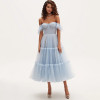 OEING Princess A-Line Light Blue Prom Dresses Ankle Length Off Shoulder Party Gowns Simple Pleats Soft Tulle Dress Customized