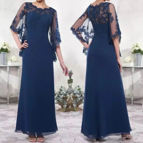 Темно-синее платье для матери невесты, шифоновое платье с круглым вырезом, полурукавом и кружевной аппликацией, официальные свадебные вечерние платья для матери, Новинка