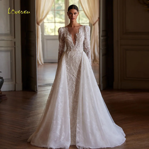 Loverxu Свадебные платья русалки с v-образным вырезом и длинными рукавами Vestido De Novia, кружевное платье с вышивкой и съемным шлейфом, свадебное платье на заказ