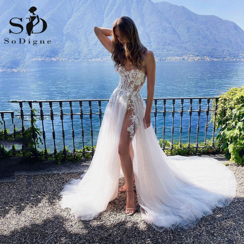 SoDigne Boho Свадебные платья Блестящий тюль с кружевной аппликацией трапециевидной формы с разрезом по бокам Свадебное платье Милая свадебное платье по индивидуальному заказу
