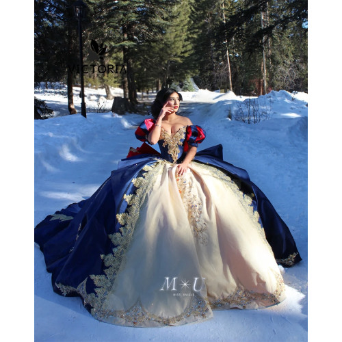 Снежная принцесса, темно-синее и шампанское, кружевное платье Quinceanera с аппликацией, бальное платье Mexica Sweet 15 16, свадебное платье по индивидуальному заказу