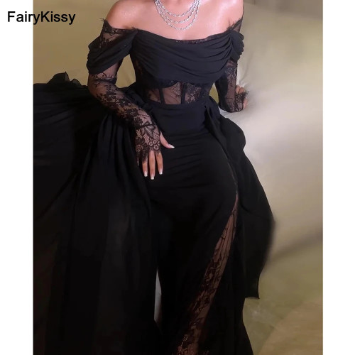 Женское платье для выпускного вечера FairyKissy, элегантное ТРАПЕЦИЕВИДНОЕ ПЛАТЬЕ с открытыми плечами, сексуальное кружевное вечернее платье, черное платье до пола для особых случаев