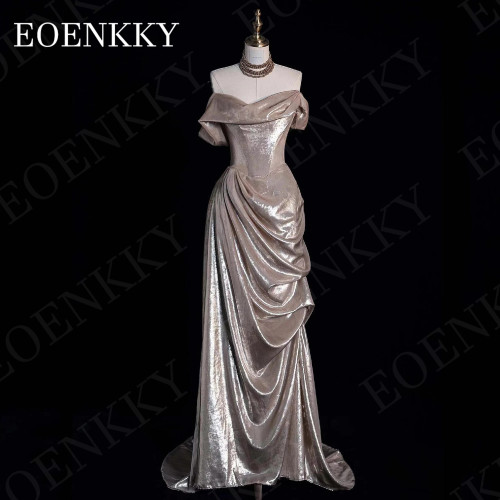 EOENKKY Саудовская Аравия Вечерние платья с открытыми плечами Женское элегантное вечернее платье трапециевидной формы со складками и скользящим шлейфом Customized Саудовская Аравия Платье с открытыми плечами элегантное