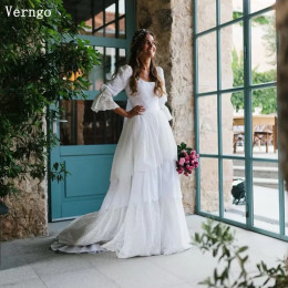 Verngo Рустикальное свадебное платье Винтажное кружевное свадебное платье 2024 Boho A Line Платье невесты с короткими рукавами Многоуровневые свадебные платья по индивидуальному заказу