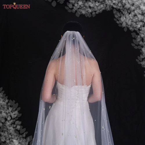 Свадебная фата TOPQUEEN V130 с жемчугом, аксессуары для невесты, Длинная фата с жемчугом