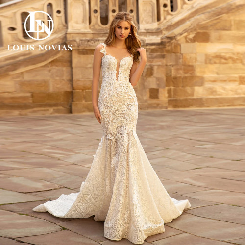 LOUIS NOVIAS свадебное платье русалки для женщин на тонких бретельках современные 3D цветы с бисером аппликации свадебное платье с часовней и шлейфом