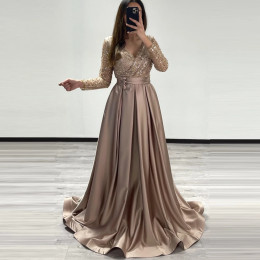 Robe De Soirée по индивидуальному заказу, вечернее платье трапециевидной формы с длинными рукавами и блестками, атласное вечернее платье в Саудовской Аравии, платья для выпускного вечера