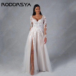 Женское свадебное платье RODDRSYA, элегантное платье с длинным рукавом, а-силуэт, Кружевная аппликация, с Боковым Разрезом, платье невесты на заказRODDRSYA Элегантное свадебное платье с длинными рукавами, кружевная нак