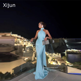 Синие атласные длинные вечерние платья Xijun без рукавов, саудовские арабские простые женские платья в пол для выпускного вечера Дубай