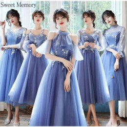 Sweet Memory 2021, женские синие платья подружки невесты, длина чая, аппликации, кружевные цветы, не сочетающиеся с рукавами, свадебное платье