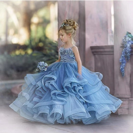 Пыльно-синие платья с цветочным узором для девочек на свадьбу Robe De Mariage, детские пышные платья, тюлевое платье с рюшами для первого причастия
