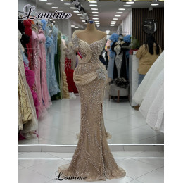 New Fashion Champagne Evening Dresses With Crystals Mermaid Elegant Prom Party Dresses With Side Slit Robes De Soirée Customized