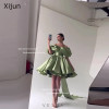 Xijun Зеленые атласные короткие вечерние платья с открытыми плечами, трапециевидные платья для выпускного вечера, платья для дня рождения, шлейф на шнуровке сзади по индивидуальному заказу