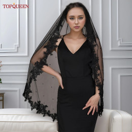 Фата свадебная TOPQUEEN с черными кружевными краями, однослойная, винтажная, с гребнем, V82