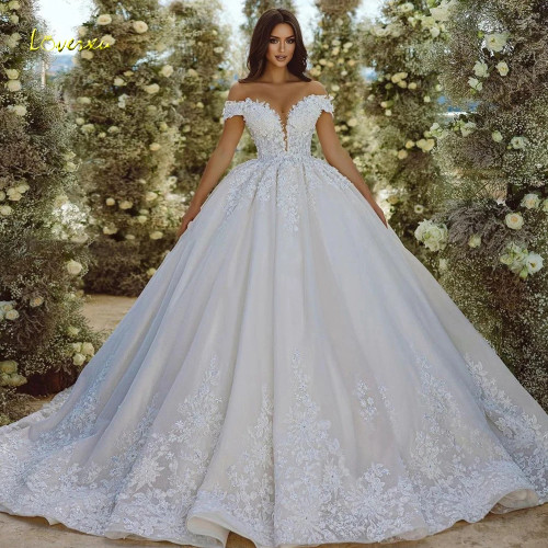 Loverxu бальное платье Свадебные платья Милая с открытыми плечами Vestido De Novia Кружевные аппликации из бисера Свадебное платье на заказ