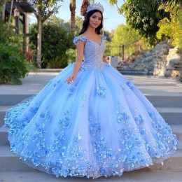 Синее бальное платье, платья для Quinceanera, платья для 15 лет, искусственный 3D цветок, Золушка, 16 дней рождения, платья принцессы