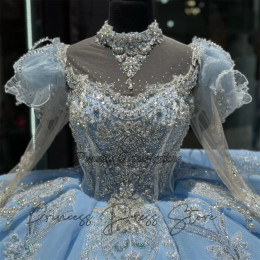 Роскошные блестящие платья небесно-голубого цвета для Quinceanera, бальное платье с блестками, аппликацией, бисером, длинными рукавами, искусственное милое платье принцессы 16 дюймов на шнуровке