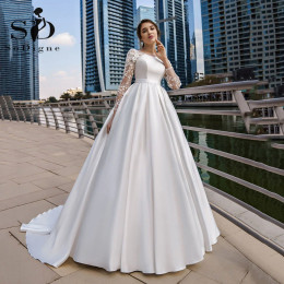 SoDigne Dubai Скромные свадебные платья Кружевное атласное платье невесты с длинными рукавами и поясом Женские элегантные свадебные платья по индивидуальному заказу