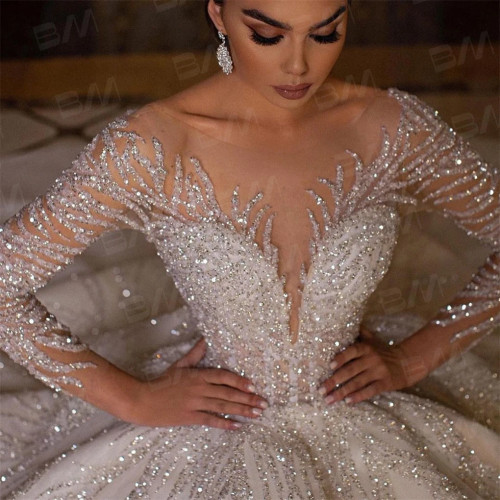 Сексуальные платья невесты из бисера Vestidos De Novia, роскошное свадебное платье с длинными рукавами и бисером, бальное платье с длинным шлейфом часовни