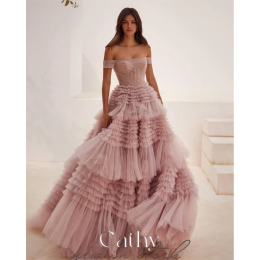 Женское бальное платье с открытыми плечами Cathy, многослойное фатиновое платье с длинным шлейфом, без рукавов, для выпускного вечера, 2024