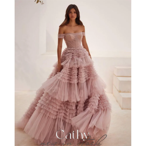Женское бальное платье с открытыми плечами Cathy, многослойное фатиновое платье с длинным шлейфом, без рукавов, для выпускного вечера, 2024