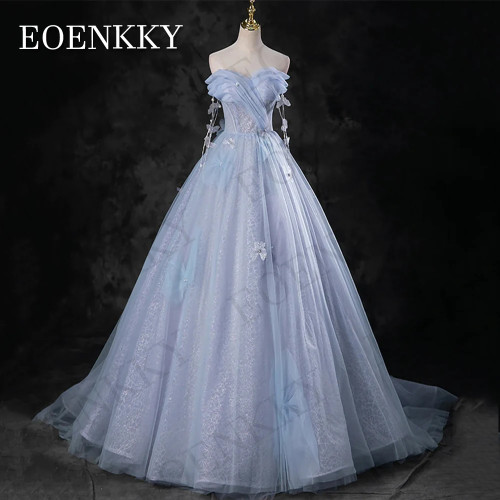 EOENKKY Синее платье принцессы для выпускного вечера с открытыми плечами вечернее платье трапециевидной формы с жемчугом и 3D цветами платье на выпускной по индивидуальному заказу Голубая принцесса с открытыми плечами