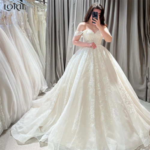 LORIE винтажное блестящее кружевное свадебное платье с милой аппликацией и открытыми плечами, свадебное платье принцессы с открытой спиной на заказ