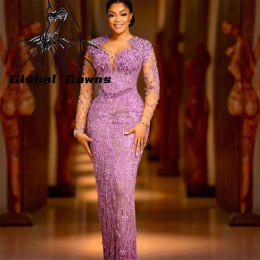 Фиолетовые бусины Aso Ebi Вечерние платья Аппликации с длинными рукавами Платье на день рождения Женское платье 2024 для особых случаев по индивидуальному заказу