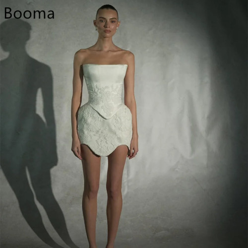 Booma Мини-свадебные платья трапециевидной формы без бретелек с кружевной аппликацией, атласное мини-платье без рукавов, элегантное платье невесты на заказ, 2025 г.