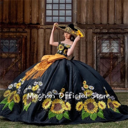 Мексиканское черное платье Quinceanera с открытыми плечами и бантом, вышивка бисером, 2024, роскошное платье на день рождения, торжественное платье с перьями по индивидуальному заказу