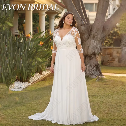 Женское шифоновое платье EVON, с V-образным вырезом и рукавом 3/4EVON BRIDAL Civil 3 / 4 Одежда невесты Свадебное платье V - воротник Свадебное платье De Mariee A - Line