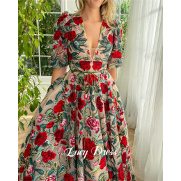 Lucy Party Dress Бальное платье с V-образным вырезом Свадебные кружевные вечерние платья с цветочным принтом Роскошные женские платья для выпускного вечера 2024 Миди Женская гала-женская по индивидуальному заказу