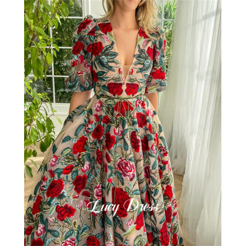Lucy Party Dress Бальное платье с V-образным вырезом Свадебные кружевные вечерние платья с цветочным принтом Роскошные женские платья для выпускного вечера 2024 Миди Женская гала-женская по индивидуальному заказу