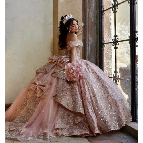 Блестящие платья принцессы Quinceanera, бальное платье с открытыми плечами и бантом, кружевные платья Sweet 16, 15 лет, индивидуальные платья